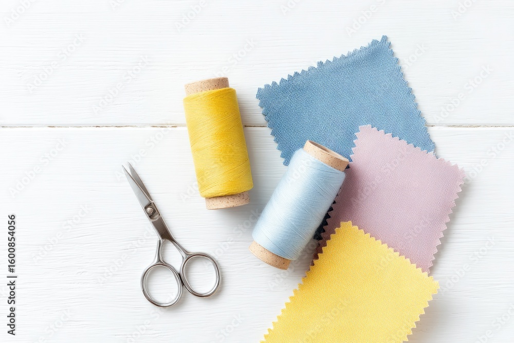 Poster flat lay of thread spools scissors fabric swatches and tailor chalk on white table copy space to rig