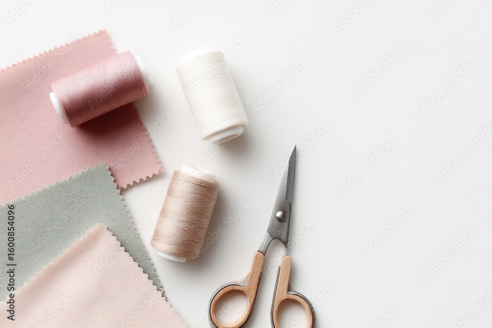 Poster flat lay of thread spools scissors fabric swatches and tailor chalk on white table copy space to rig