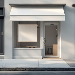 Photo of a minimalistic small coffee shop front featuring a white blank name board with a subtle wood grain texture, matte light gray walls, a single glass door.