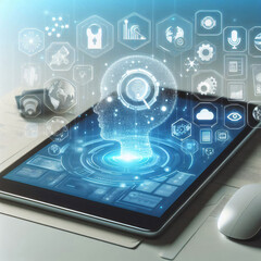  Floating AI icons hover above tablet in a sleek futuristic setting, featuring glowing blue interface elements on a light background, representing cutting-edge digital intelligence and technology.