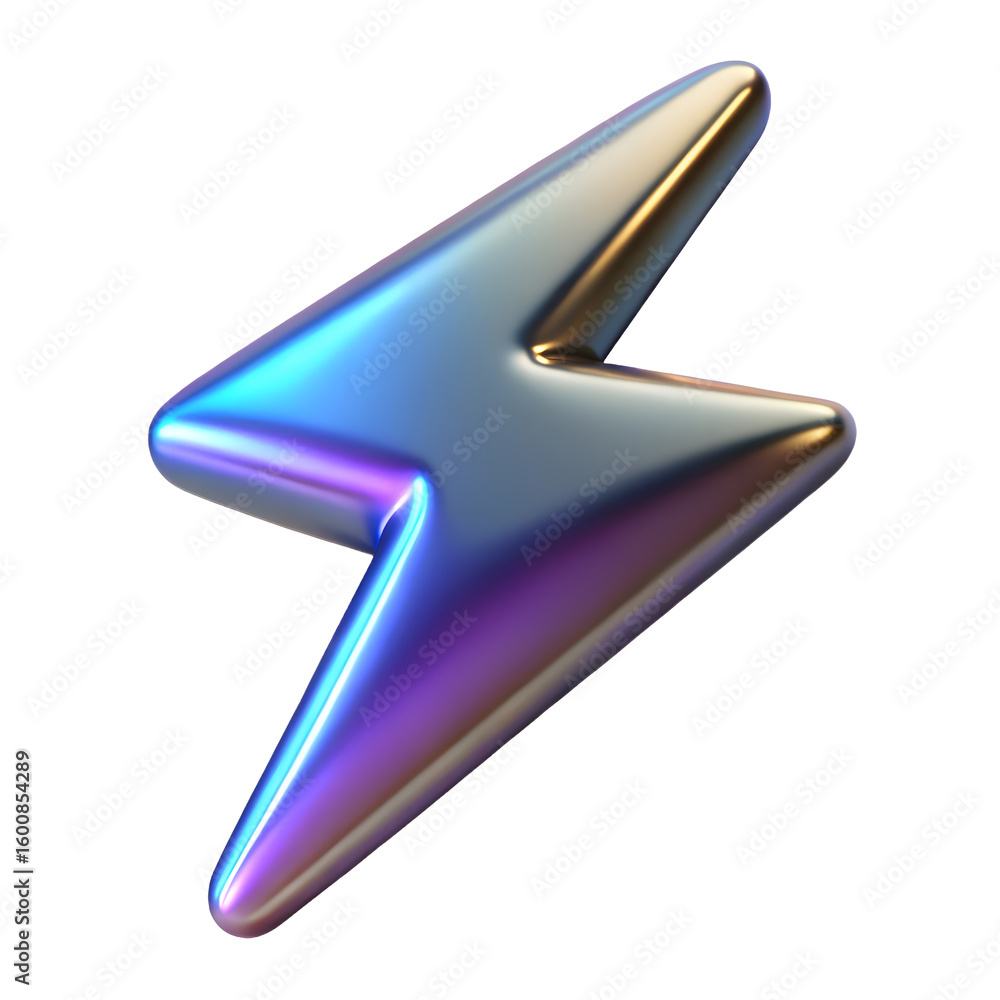 Poster iridescent lightning bolt with metallic sheen and dynamic shape on transparent background