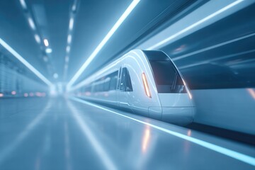 futuristic hyperloop pod arriving in sleek station bathed in cool white light passengers blurred in motion