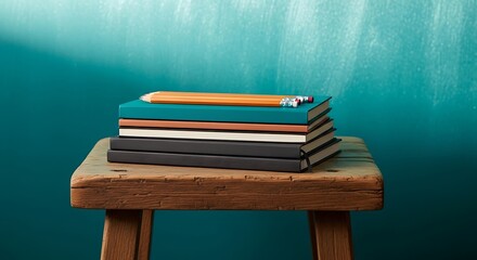 Stack of Colorful Books and Pencils on Rustic Wooden Stool Against Teal Background, Study Still Life.