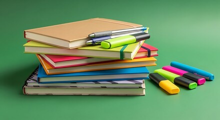Colorful Stack of Journals and Pens for Planning, Writing, and Organization Against a Solid Green Background, Providing Creative Workspace Inspiration.