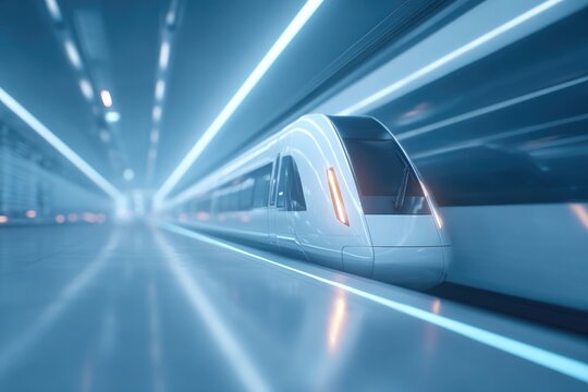 futuristic hyperloop pod arriving in sleek station bathed in cool white light passengers blurred in motion