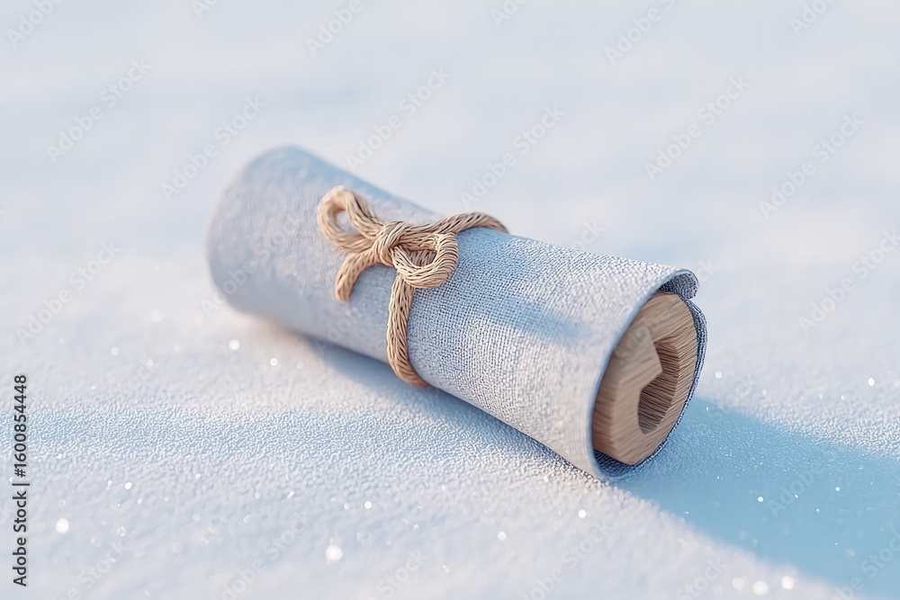Poster magic scroll tied with ribbon and faint glow floating above white background with soft shadows