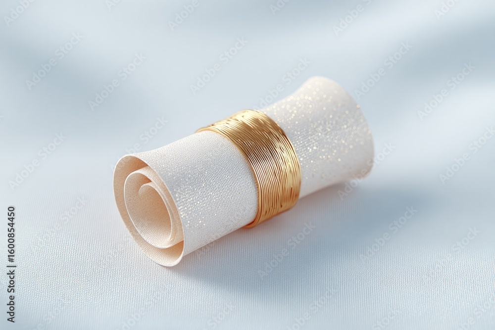 Poster magic scroll tied with ribbon and faint glow floating above white background with soft shadows