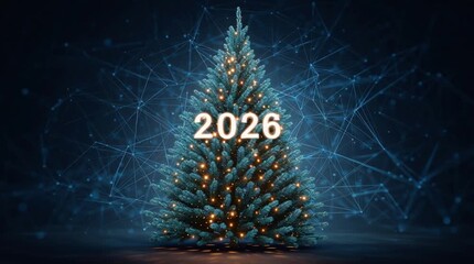 Christmas tree with glowing lights and 2026 text, futuristic digital style, on a dark network background, concept of modern holiday celebration - Powered by Adobe