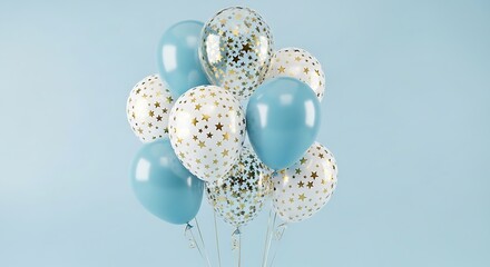 Light Blue Celebration: Balloons with Star Patterns for Party Decorations and Festive Occasions, Modern Design.