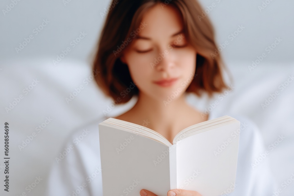 Aufkleber minimalistic composition person reading book in serene setting surrounded by clean space soft natura