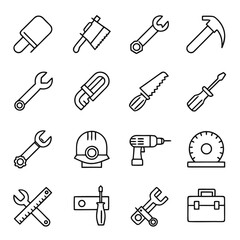 Obraz premium A vector set of construction and repair tools, including hammer, wrench, screwdriver, screw, and bolt, as a design silhouette illustration or icon collection