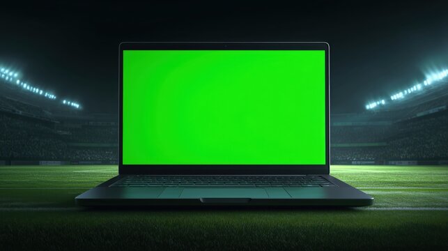 Open laptop with blank green screen on football field under stadium lights, ideal for sports broadcasting mockups, streaming visuals and event presentation templates