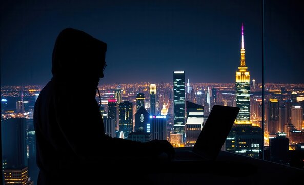Silhouetted hacker working late into the night in high rise apartment overlooking vibrant city skyline Vibrant Rim Light technology vibrant background colorful modern
