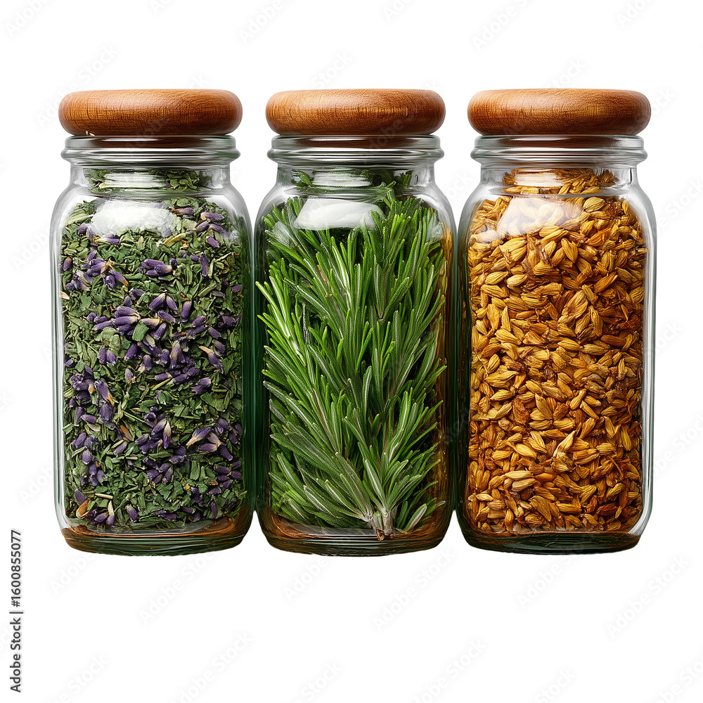 Poster close up of three glass jars filled with various herbs and spices inside isolated on transparent bac