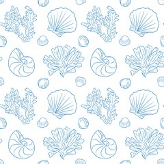 Seamless marine pattern with coral, seashells and nautilus elements in delicate hand drawn style. Represents the concept of ocean life, nature-inspired design and coastal atmosphere