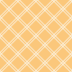 Seamless geometric pattern with white intersecting lines forming diamond shapes on a sandy orange background. Conveys a concept of structure, simplicity, balance and retro-inspired surface design
