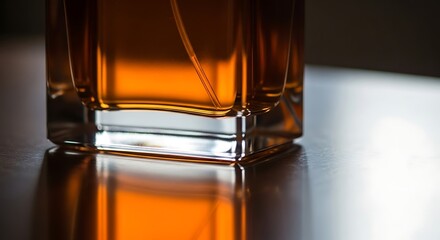 Elegant Amber Liquid in Modern Glass Container with Reflected Light on Smooth Surface Still Life.