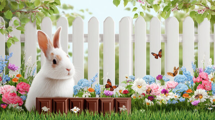 Cute Easter Bunny with Chocolate Bar and Flowers

