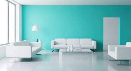 Bright living room with white furniture against a turquoise wall and large window showing daylight