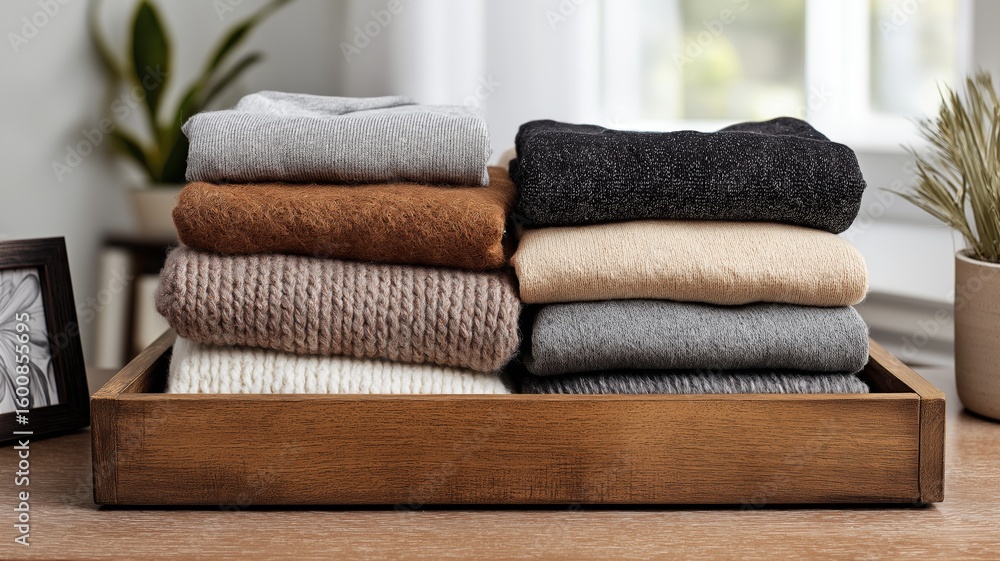 Poster soft sweaters in various colors stacked in a wooden tray, creating a cozy and inviting atmosphere.