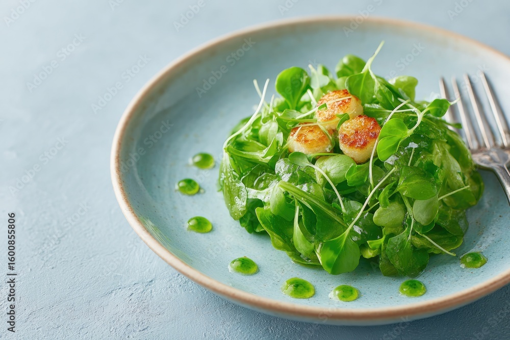 Aufkleber top-down view of plate styling process in action tweezers microgreens and sauce dots copy space left
