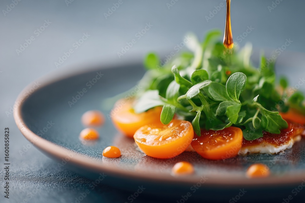 Poster top-down view of plate styling process in action tweezers microgreens and sauce dots copy space left