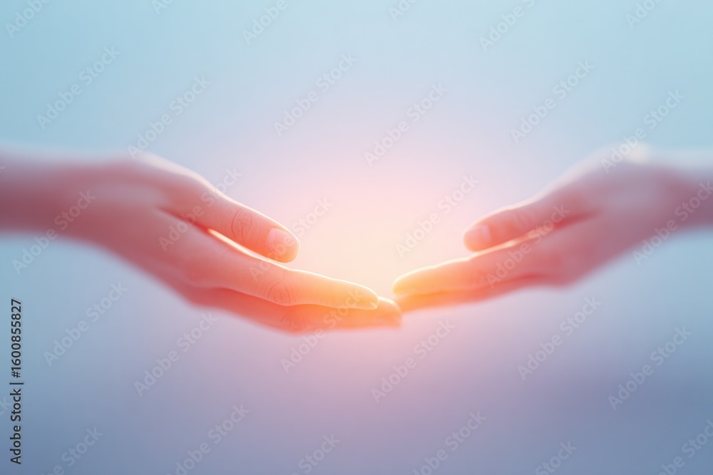 Poster two hands extended towards each other with contrasting hues of light hovering above neutral backgrou