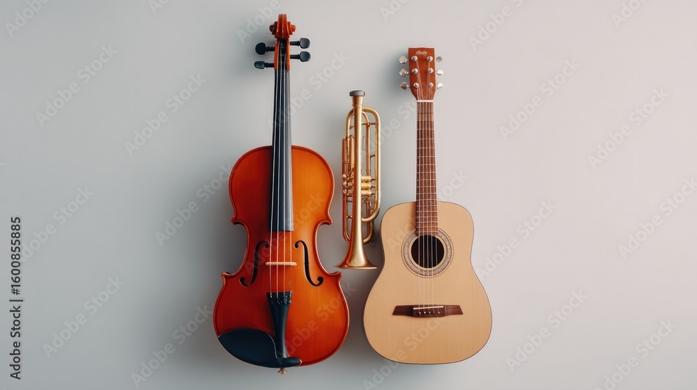 Poster clean and minimalistic arrangement of various musical instruments elegantly displayed against white 