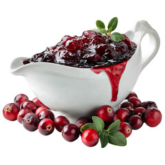 Cranberry sauce in white gravy boat with fresh cranberries