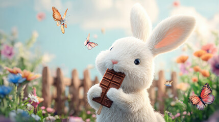 Cute White Bunny Eating Chocolate in a Flower Garden