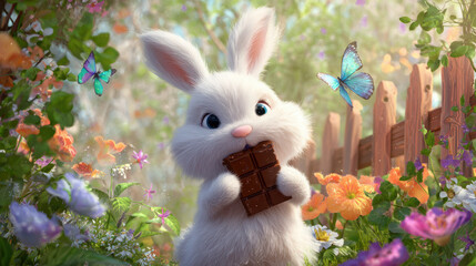 Cute White Bunny Eating Chocolate in a Flower Garden