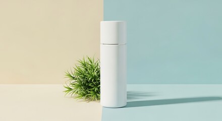 Minimalist White Container on Pastel Background with Greenery, Simple Product Presentation.