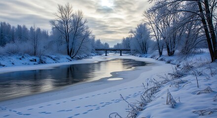 Scenic Winter River Landscape with a Footbridge Reflecting in the Water and Snow-Covered Trees.