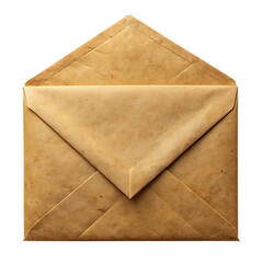 An old open and aged brown paper envelope reveals its textured surface on a white backdrop isolated on