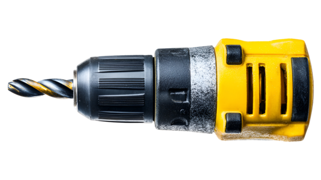 Yellow and Black Cordless Drill with Drill Bit Closeup