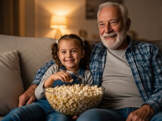 Grandfather and Granddaughter Share Cozy Movie Night on Sofa with Popcorn, Smiles, and Togetherness