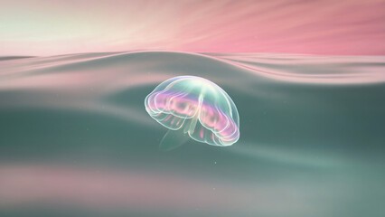Iridescent jellyfish floating in soft pink ocean waves water