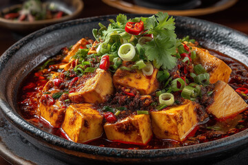 Dark plate containing spicy dish with tofu, red peppers, and chopped green herbs, placed on table.