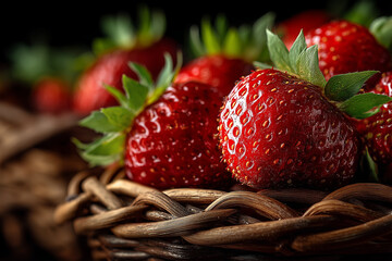 Close up of basket filled with strawberries.