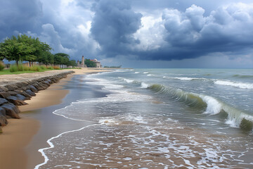 Beach under dramatic, overcast weather, with dark storm clouds and waves crash onto the sandy shore, bordered by rocky embankment.