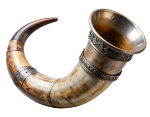 Viking drinking horn with engraved brass holder, isolated on a transparent background