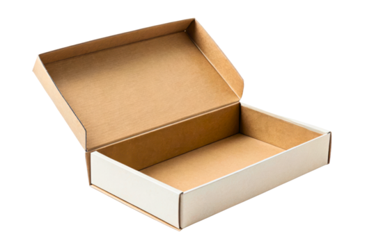 Empty open brown cardboard mailing box for shipping products isolated with transparent background