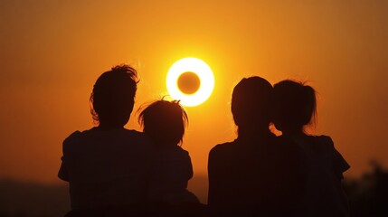 Silhouette of family watching a spectacular sunset.