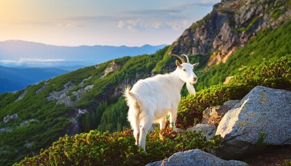 a white mountain goat grazes on a mountainside a goat stands on a stone cliff among green foliage wild animal travel concept