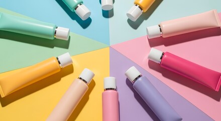 Radial Flat Lay of Colorful Cosmetic Bottles in Flower Pattern on Pastel Background


