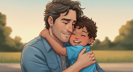 Ilustração de dia dos pais - pai e filho se abraçando 