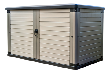 Plastic outdoor storage container for garden tools and cushions isolated with transparent background