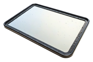 Angled view of a wet industrial side mirror with water drops isolated with transparent background