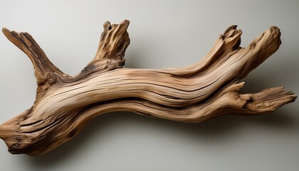 Fototapeta premium driftwood piece displaying natural textures against a light gray background in a serene outdoor setting