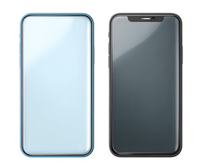 Two smartphones with protective glass.  One light blue, one dark gray.  Both feature a rectangular screen and a protective border